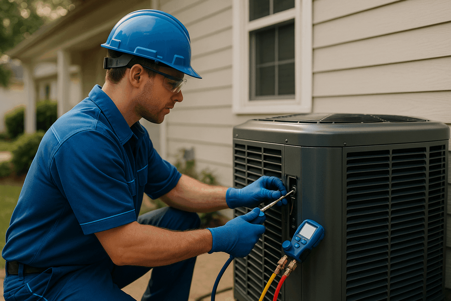 HVAC technician in safety gear servicing modern air conditioner outside a suburban home