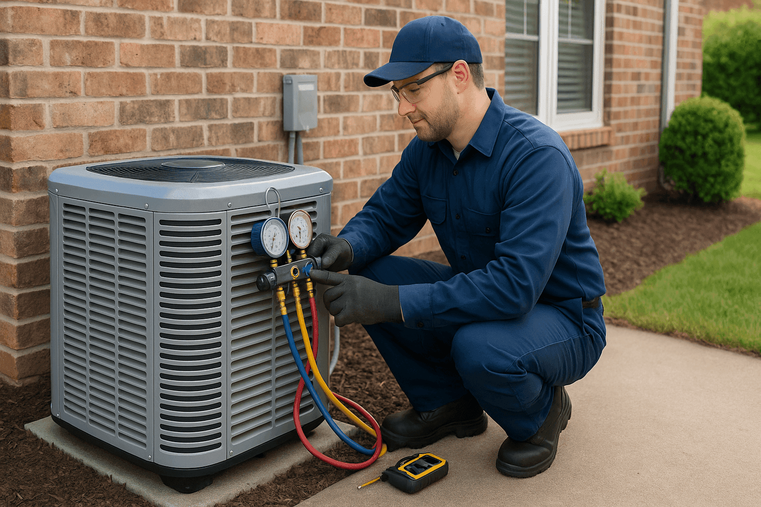 Technician inspecting home air conditioner unit outside Memphis residence