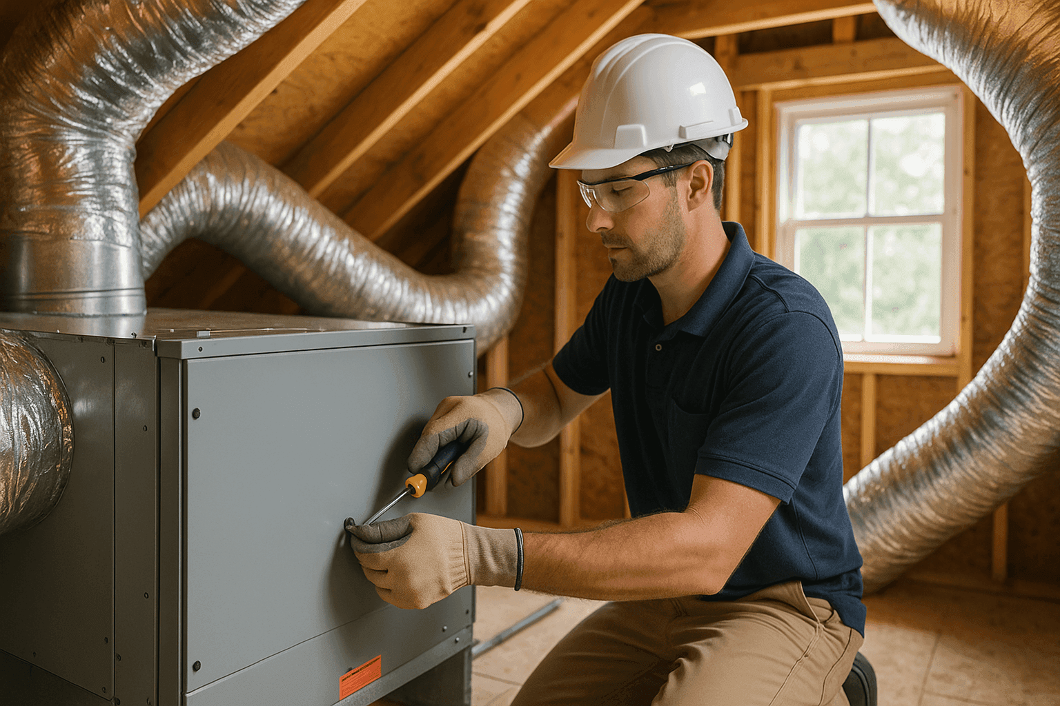 Technician installing new HVAC system in Memphis home attic