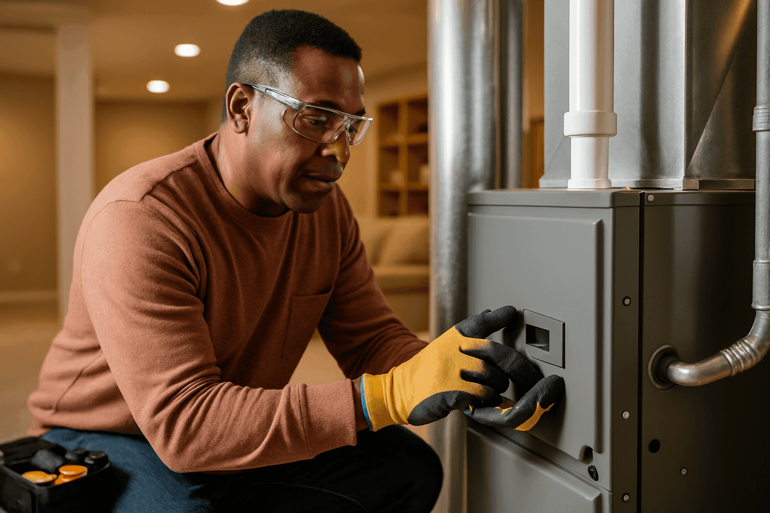 Homeowner checking furnace settings in a Memphis basement
