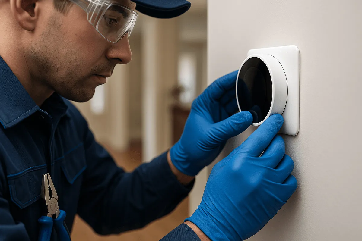 Gloved HVAC technician adjusting thermostat inside a clean residential home